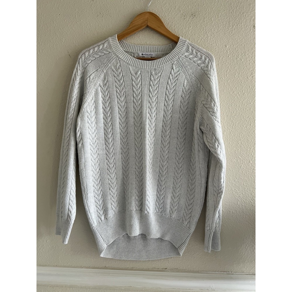 Athleta Crossroads Silver Crew Neck Cable Knit Wool Blend Pullover Sweater Small